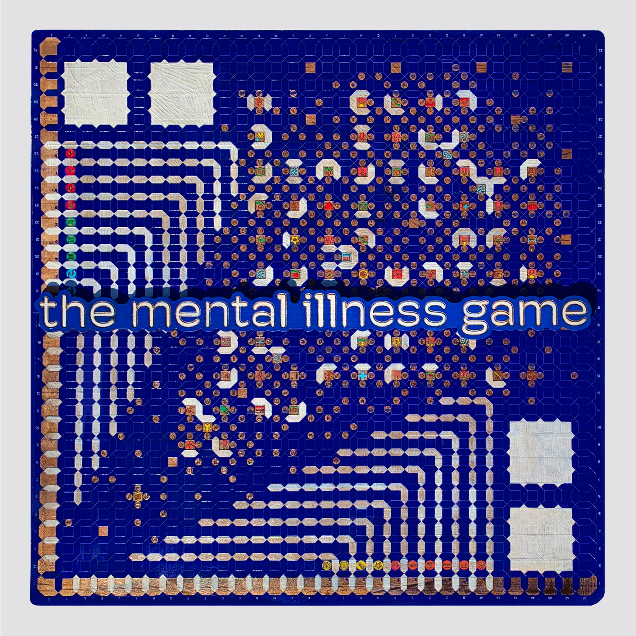 "The Mental Illness Game" full game board for exhibition display. Laser cut 36"x36" wood board with acrylic paint.